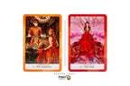 Two tarot cards from the Dragon Tarot deck displayed side by side on a white background. The left card, 'I - The Magician', has an orange border and depicts a figure in an ornate gold and red robe.
