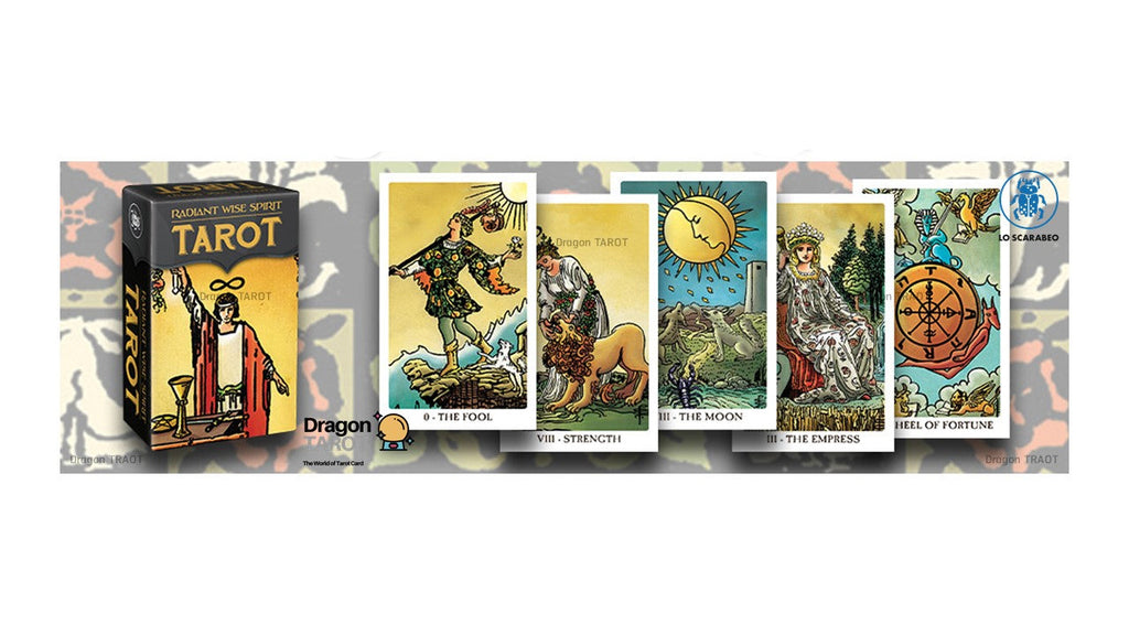 A tarot card deck box and several illustrated tarot cards displayed on a patterned gray background, with Dragon Tarot branding and a Facebook icon visible.