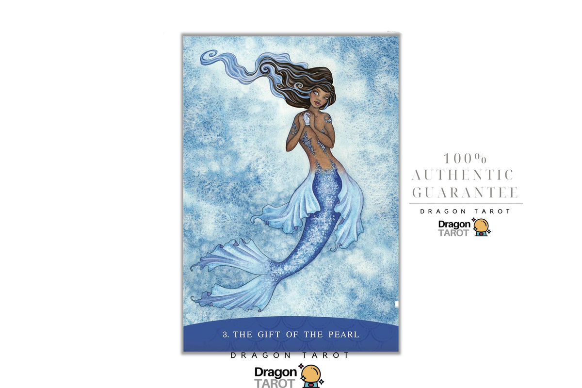 Dragon Tarot card 'The Gift of the Pearl' featuring an illustration of a mermaid with flowing dark hair and a blue tail against a textured light blue background. The card is displayed on a white background with promotional text and Dragon Tarot logos.