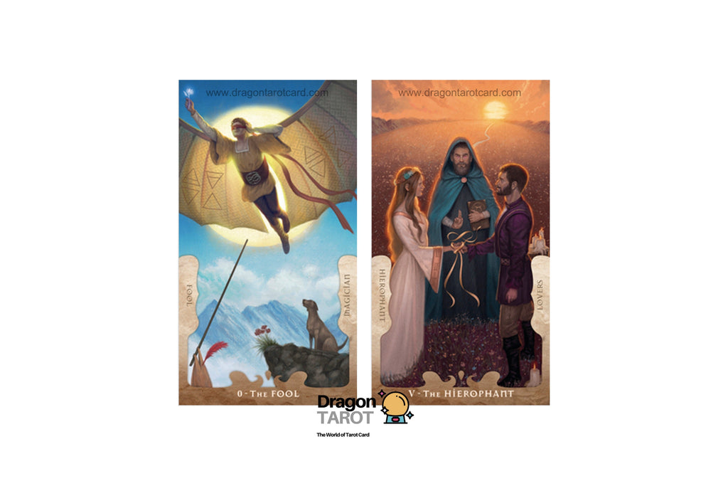 Two illustrated tarot card panels shown side by side on a white background, with a Dragon Tarot logo and website text below. The left panel depicts a winged figure flying over mountains and water, labeled 'The Fool.