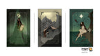 Three vertical Dragon Tarot card illustrations displayed side by side on a white background, with the Dragon Tarot logo and Facebook icon at the top and bottom.