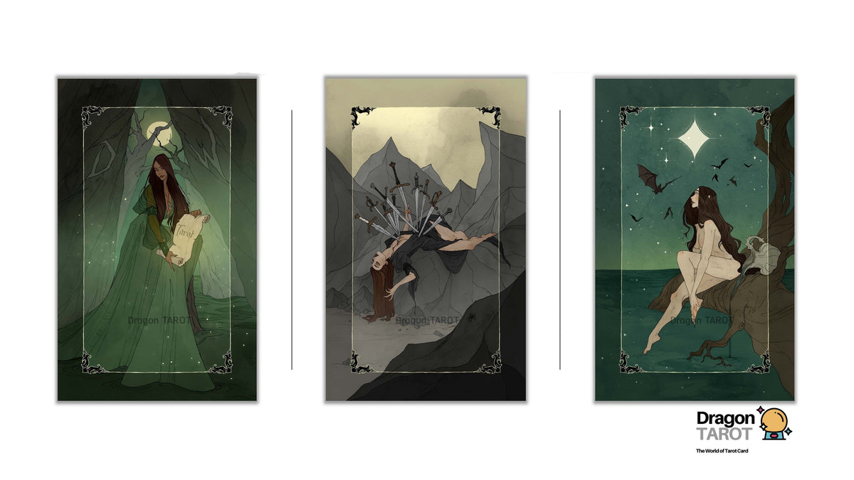 Three vertical Dragon Tarot card illustrations displayed side by side on a white background, with the Dragon Tarot logo and Facebook icon at the top and bottom.