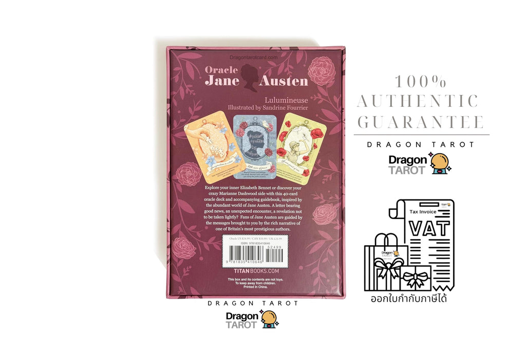 Back cover of a Dragon Tarot Oracle Jane Austen card deck package on a white background, alongside text reading '100% Authentic Guarantee' and a VAT refund illustration.