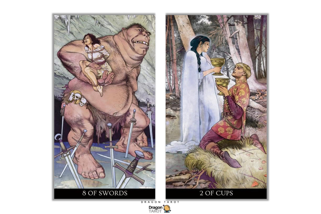 A side-by-side display of two illustrated tarot cards, labeled '8 of Swords' on the left and '2 of Cups' on the right, shown against a plain white background with a small Dragonfly branding mark at the bottom.