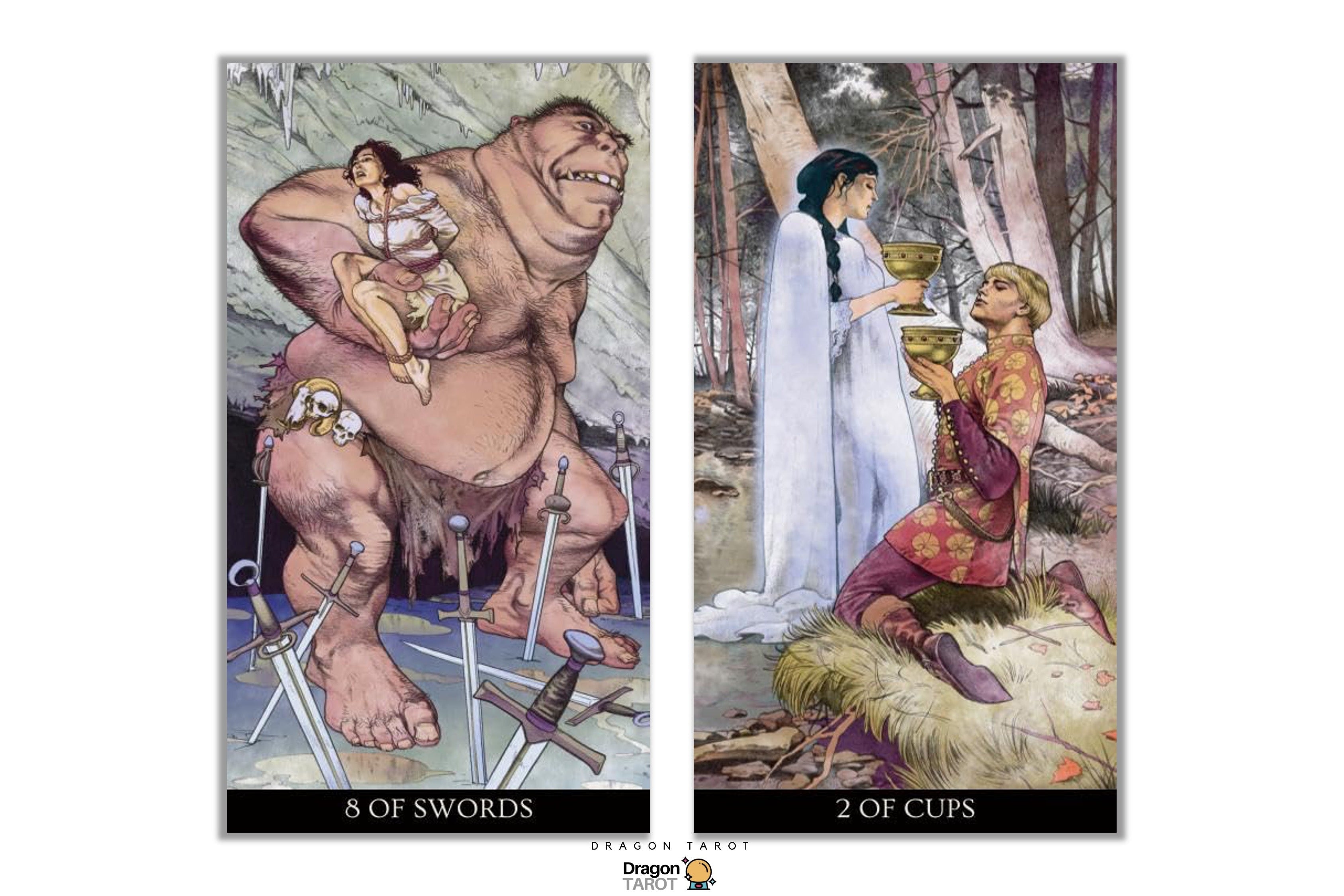 A side-by-side display of two illustrated tarot cards, labeled '8 of Swords' on the left and '2 of Cups' on the right, shown against a plain white background with a small Dragonfly branding mark at the bottom.