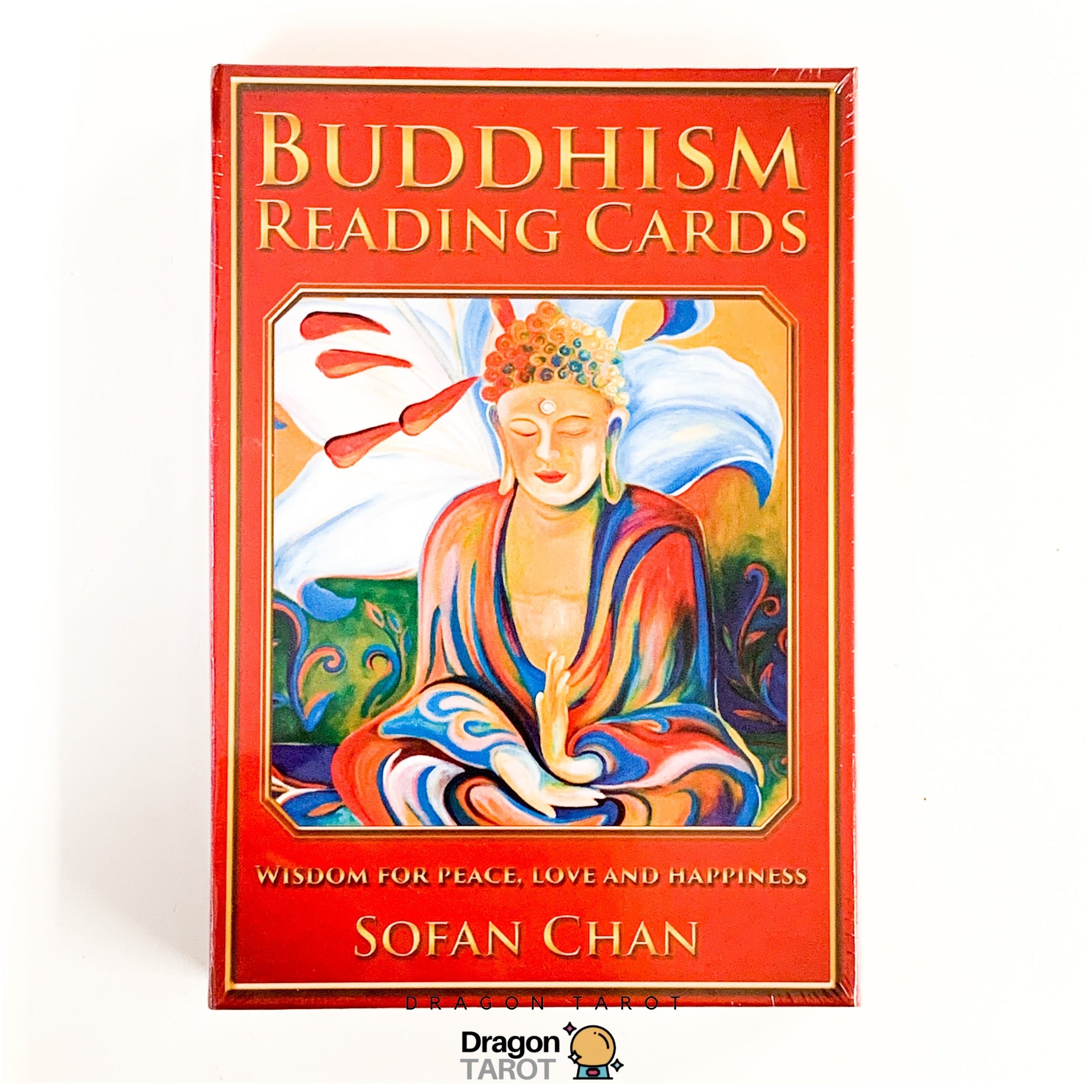 Buddhism Reading Cards deck box by Sofan Chan, featuring a colorful illustration of a seated Buddha on the front cover, set against a plain white background.