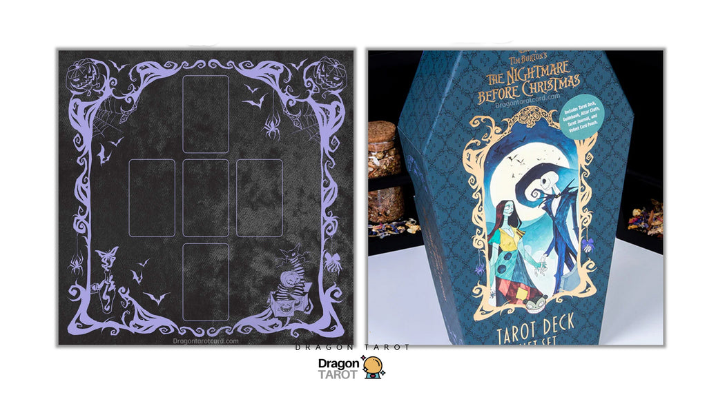 Dragon Tarot 'The Nightmare Before Christmas' tarot deck packaging shown alongside a black tarot card back design with purple decorative borders. The box features blue, gold, and purple artwork with illustrations of Jack Skellington, Sally, and a moonlit scene.