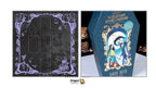 Dragon Tarot 'The Nightmare Before Christmas' tarot deck packaging shown alongside a black tarot card back design with purple decorative borders. The box features blue, gold, and purple artwork with illustrations of Jack Skellington, Sally, and a moonlit scene.
