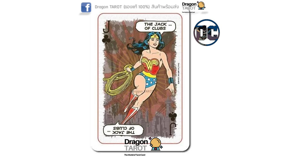 A Dragon Tarot card featuring a vintage comic-style illustration of Wonder Woman as The Jack of Clubs. The card is shown on a white background with the Dragon Tarot logo and a DC logo visible.