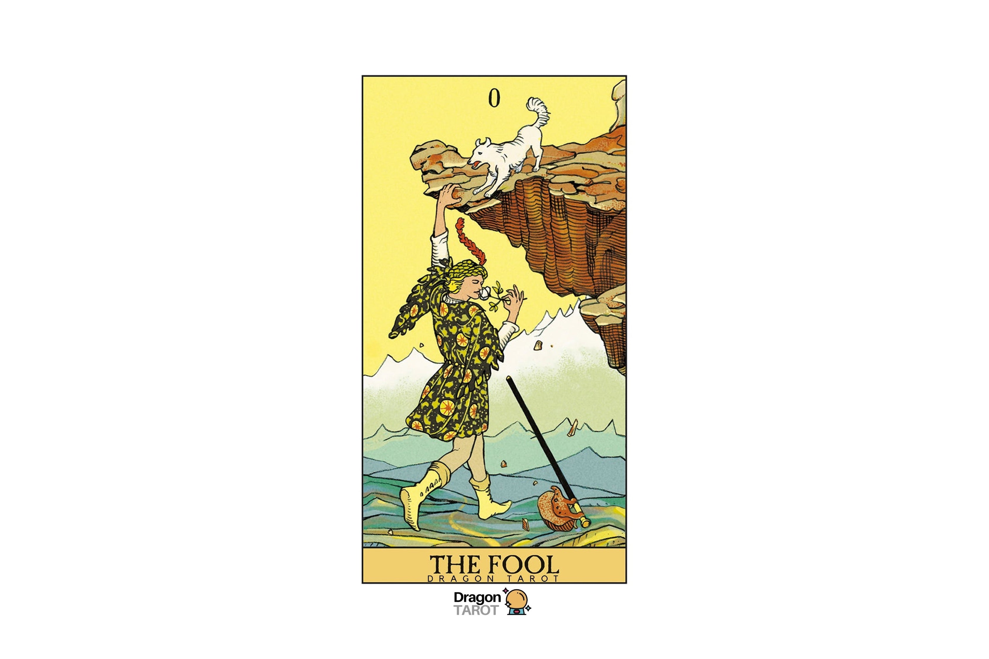 A tarot card illustration of 'The Fool' centered on a white background, featuring a figure in a yellow patterned robe reaching upward from a cliff, with a white cat on the cliff edge and a sword in the foreground. The Dragon Tarot logo appears below the card.