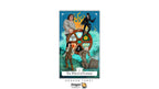 A tarot card illustration labeled 'The Wheel of Fortune' centered on a white background, with the Dragon Tarot logo below. The artwork shows a teal and blue scenic background with a large wheel, three stylized human figures, and small decorative elements including flames, a tree, and a cart.