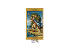 A vertical tarot card titled 'Dragon Trail' shown centered on a white background. The card features an illustrated scene of a warrior riding a dragon through a mountainous landscape, with a gold ornate border and the 'Dragon Tarot' logo printed below the card.