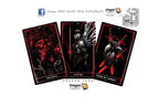 Three Dragon Tarot cards fanned out against a white background, featuring dark red and black illustrations of the Devil, Justice, and Three of Swords tarot cards. The Dragon Tarot logo is visible at the top and bottom.