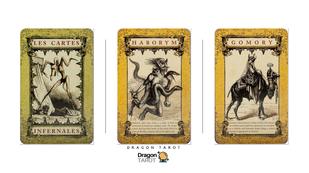 Three Dragon Tarot cards displayed side by side on a white background: 'Les Cartes - Infernales' with a demon on horseback, 'Haborym' with a multi-headed beast, and 'Gomory' with a rider on a camel. The Dragon Tarot logo and Facebook icon are visible at the top, and the Dragon Tarot brand name is shown at the bottom.