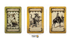 Three Dragon Tarot cards displayed side by side on a white background: 'Les Cartes - Infernales' with a demon on horseback, 'Haborym' with a multi-headed beast, and 'Gomory' with a rider on a camel. The Dragon Tarot logo and Facebook icon are visible at the top, and the Dragon Tarot brand name is shown at the bottom.