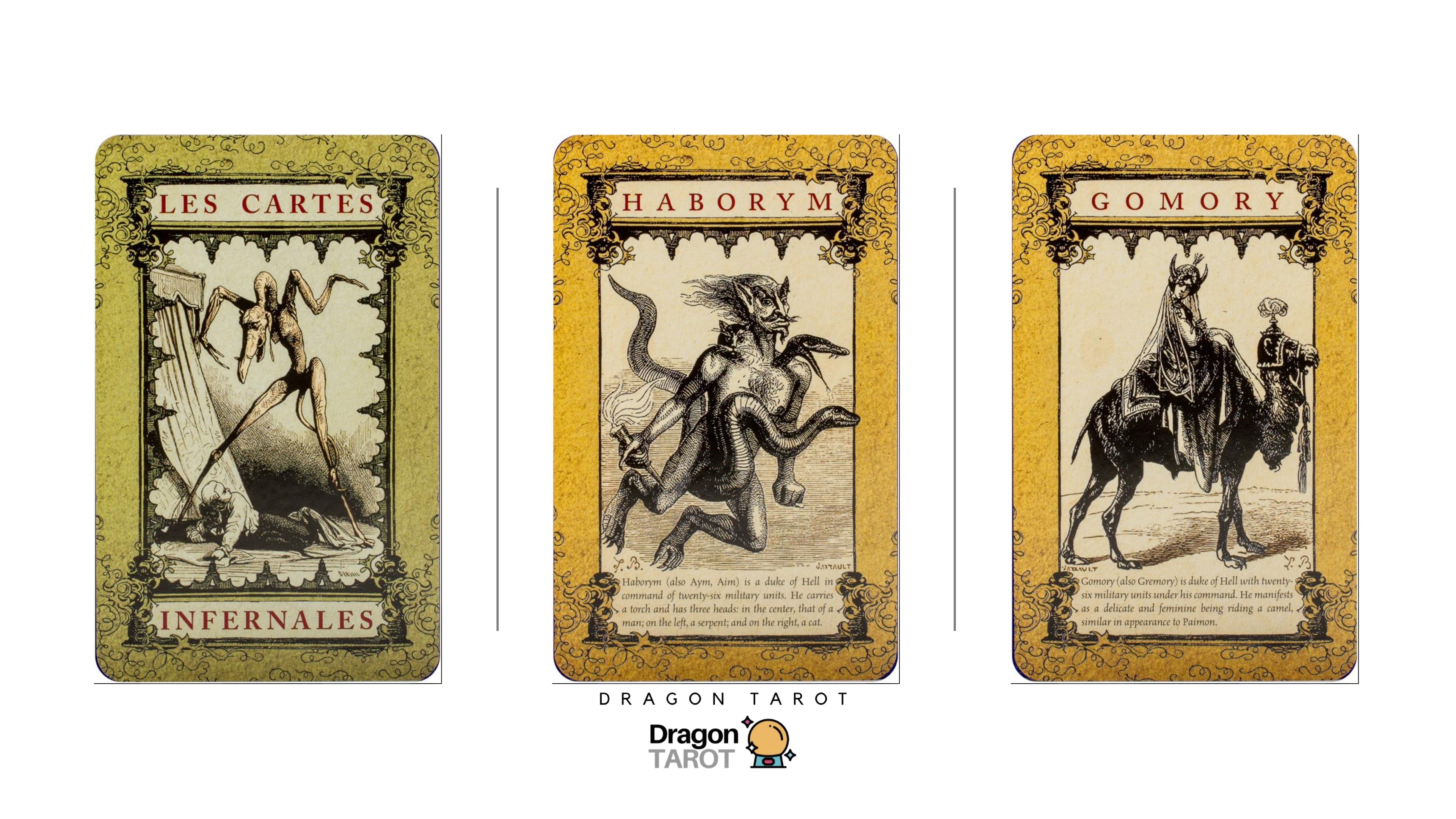Three Dragon Tarot cards displayed side by side on a white background: 'Les Cartes - Infernales' with a demon on horseback, 'Haborym' with a multi-headed beast, and 'Gomory' with a rider on a camel. The Dragon Tarot logo and Facebook icon are visible at the top, and the Dragon Tarot brand name is shown at the bottom.