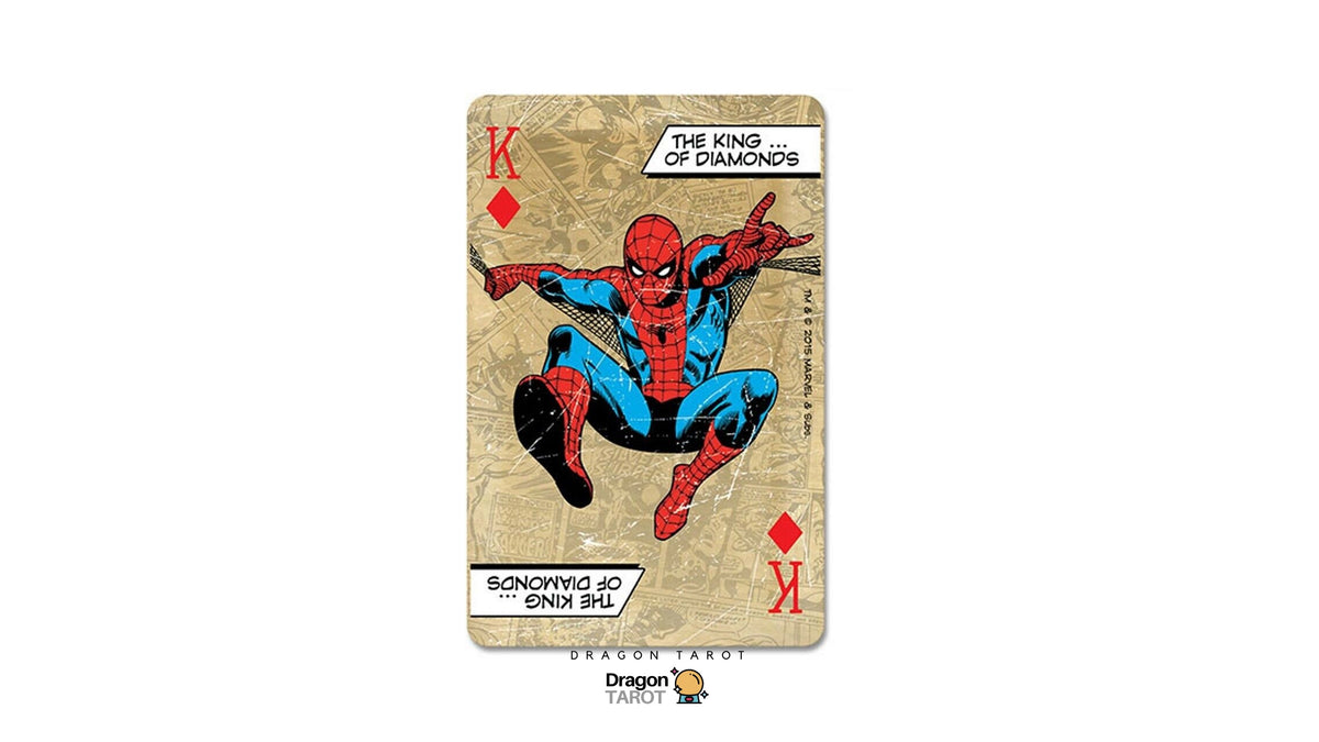 A tarot card featuring Spider-Man on a beige map-style background, with the text 'THE KING OF DIAMONDS' and 'SONG OF SPY RUSH'. The card is centered on a white background with Dragon TAROT branding at the top and bottom.