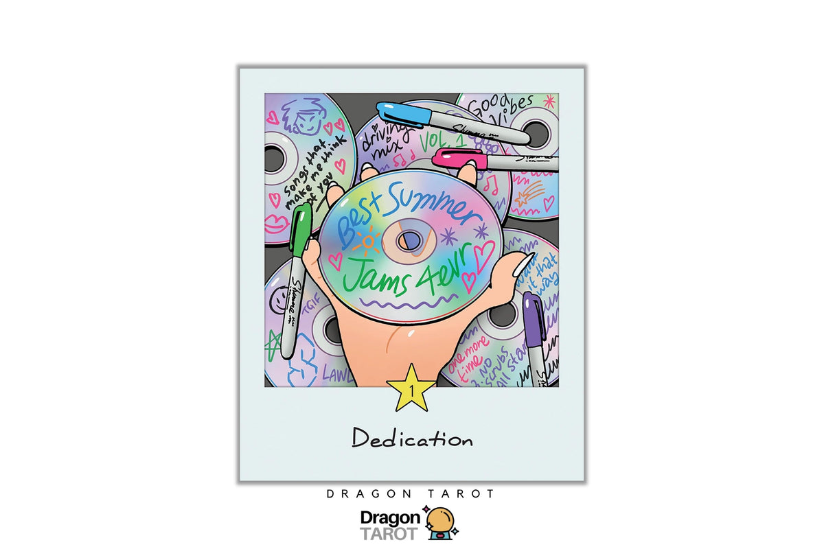 A square art print or album-cover style graphic centered on a white background, showing a hand holding a pastel CD decorated with colorful marker drawings and the text 'Best Summe Jams April.' Below the artwork, the word 'Dedication' appears, with 'Dragon Tarot' branding at the bottom.