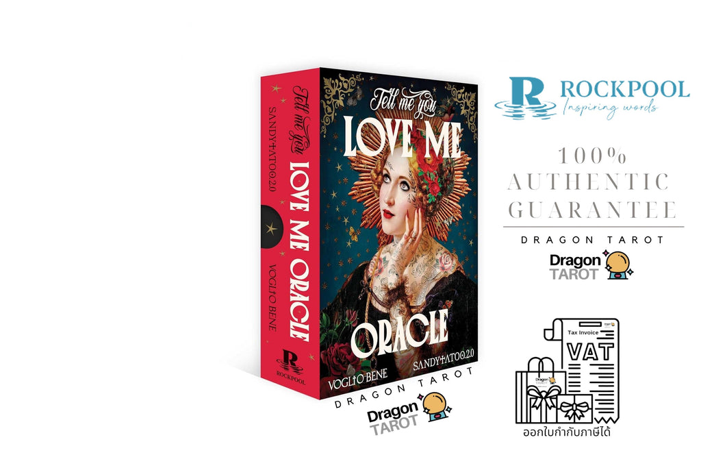 Dragon Tarot Oracle card deck box shown on a white background with promotional text and logos. The box features a red spine and a dark illustrated front with the title 'Tell Me I Love Me Oracle' and a portrait.