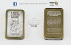 Dragon Tarot Pocket Edition card deck shown in two views: the front of a metallic gold tin with an angel illustration and text, and the back of the same tin with product details in English and Thai. The image is on a white background with Dragon Tarot branding and a Facebook icon at the top.