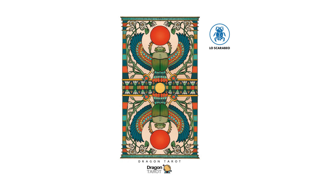 A vertical Dragon Tarot card featuring an Egyptian scarab beetle design with green wings, red circles, and intricate geometric borders on a cream background. The image includes social media and brand logos at the top and bottom.