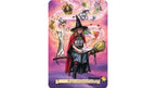 A tarot card titled 'Imagination and Creation' from Dragon Tarot, featuring an illustration of a witch sitting on a broomstick with a cat, surrounded by whimsical elements like a castle, unicorn, and money bags against a pink and purple background.