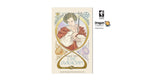 A single illustrated tarot card centered on a white background, with Dragon Tarot branding and logos visible at the top and right. The card shows a stylized woman in a red and white robe inside an ornate gold circular frame, with decorative floral and celestial motifs.