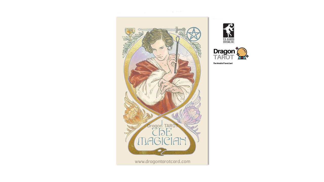 A single illustrated tarot card centered on a white background, with Dragon Tarot branding and logos visible at the top and right. The card shows a stylized woman in a red and white robe inside an ornate gold circular frame, with decorative floral and celestial motifs.