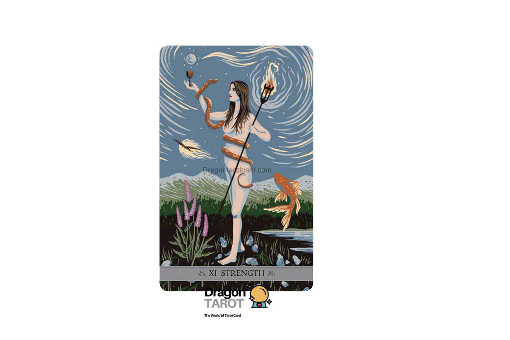 A tarot card centered on a white background, labeled 'XI STRENGTH' at the bottom. The card art shows a nude woman standing on water with a staff, surrounded by fish, plants, and swirling blue sky-like lines.