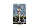 A tarot card centered on a white background, labeled 'XI STRENGTH' at the bottom. The card art shows a nude woman standing on water with a staff, surrounded by fish, plants, and swirling blue sky-like lines.