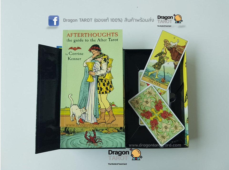 A tarot card deck set displayed on a light gray background, featuring a black binder with an illustrated card cover titled 'Afterthoughts' and two loose tarot cards showing floral and animal illustrations. Dragon Tarot branding is visible.