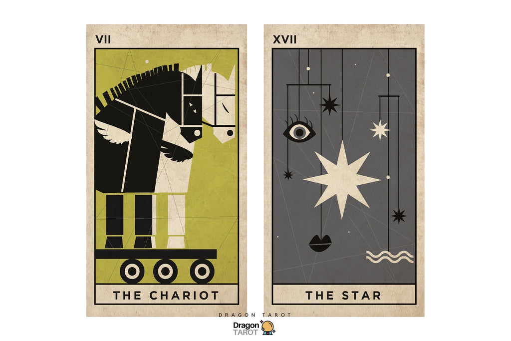 Two tarot card art prints side by side: 'The Chariot' on the left in olive green, black, and cream, and 'The Star' on the right in dark gray, cream, and black. The cards have a textured paper look and are shown on a white background with a Dragon Tarot logo at the bottom.