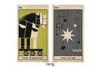 Two tarot card art prints side by side: 'The Chariot' on the left in olive green, black, and cream, and 'The Star' on the right in dark gray, cream, and black. The cards have a textured paper look and are shown on a white background with a Dragon Tarot logo at the bottom.