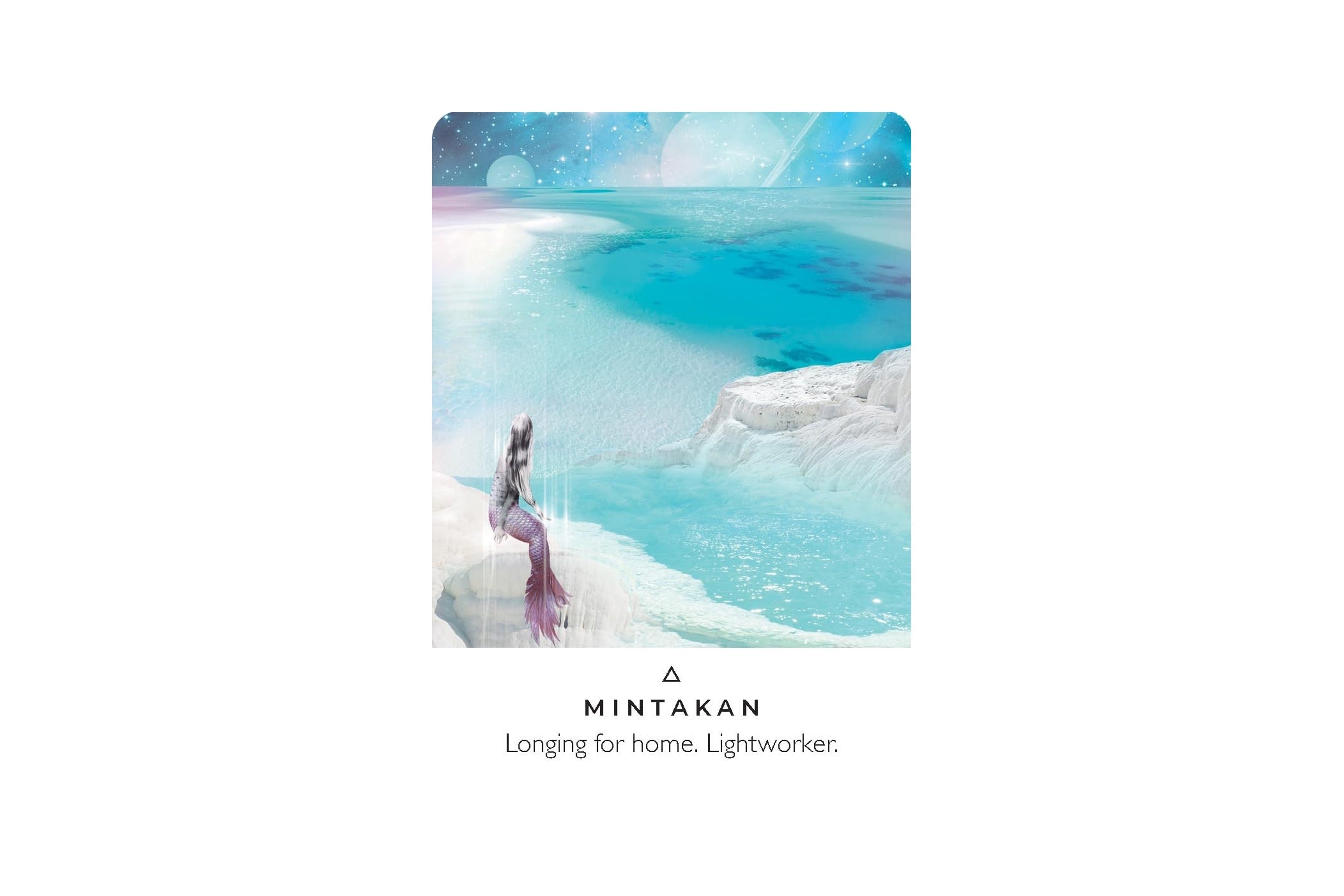 A square art print or card centered on a white background, featuring a pastel icy landscape with turquoise water, white cliffs, and a small seated figure. Below the artwork, the text reads 'MINTAKAN' and 'Longing for home.