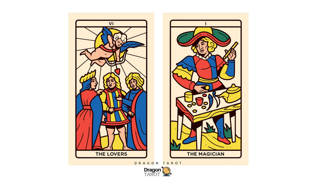 Two illustrated tarot cards shown side by side on a light beige background: The Lovers on the left and The Magician on the right. The cards feature a vintage, hand-drawn style with bold black outlines and bright colors including red, blue, yellow, green, and orange.