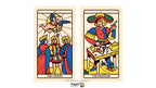 Two illustrated tarot cards shown side by side on a light beige background: The Lovers on the left and The Magician on the right. The cards feature a vintage, hand-drawn style with bold black outlines and bright colors including red, blue, yellow, green, and orange.