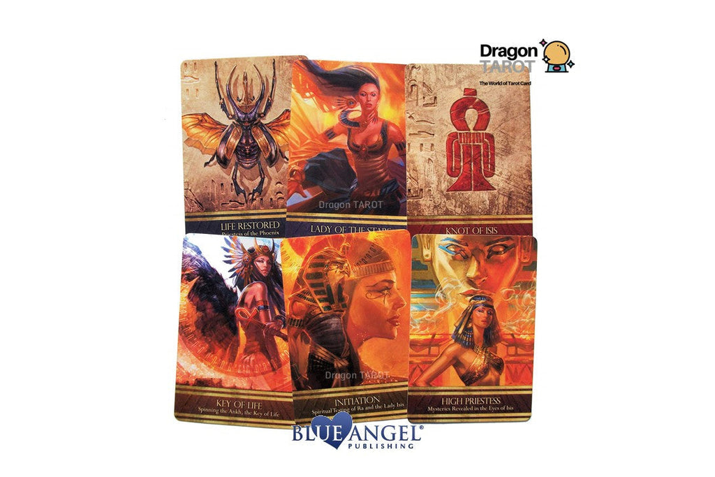 A set of six Dragon Tarot cards from Blue Angel Publishing, displayed as a 3x2 grid on a white background. The cards feature detailed, colorful illustrations of ancient Egyptian and fantasy themes in warm orange, red, and brown tones.