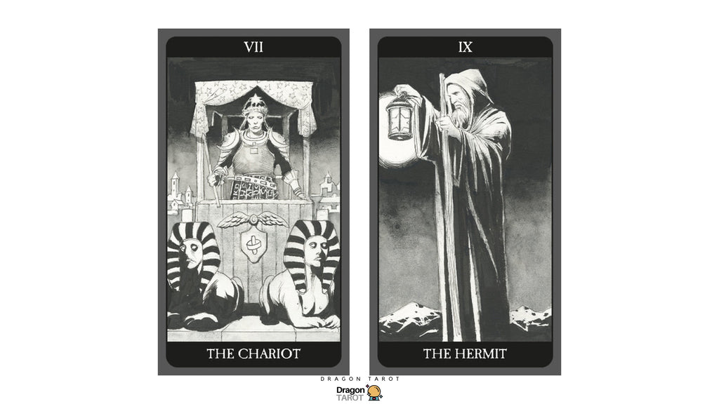 A tarot card illustration showing two vertical cards side by side on a white background: The Chariot on the left with a crowned figure seated above two scarabs, and The Hermit on the right with a robed figure holding a lantern. Roman numerals VII and IX appear at the top of each card.