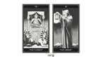 A tarot card illustration showing two vertical cards side by side on a white background: The Chariot on the left with a crowned figure seated above two scarabs, and The Hermit on the right with a robed figure holding a lantern. Roman numerals VII and IX appear at the top of each card.