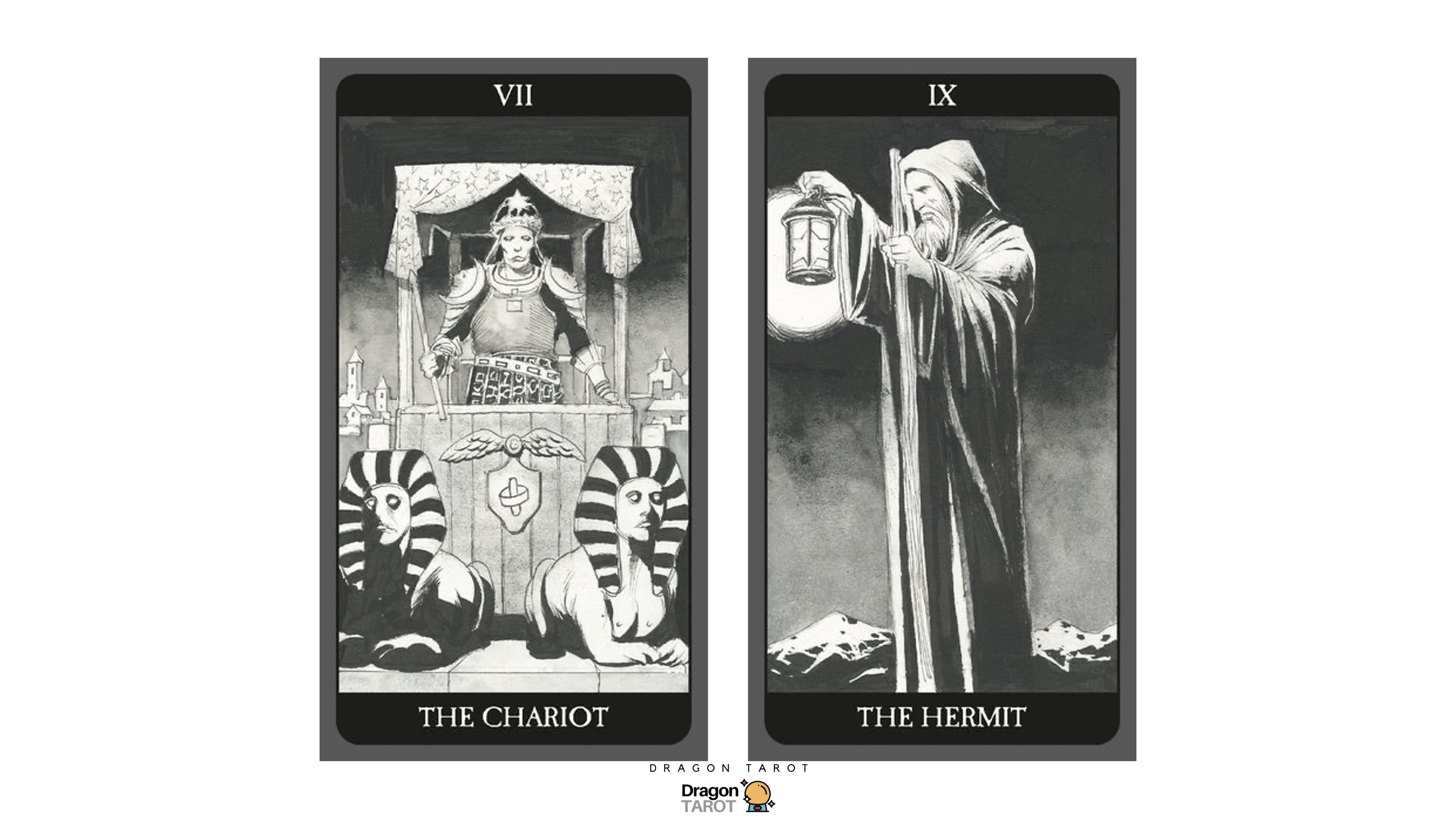 A tarot card illustration showing two vertical cards side by side on a white background: The Chariot on the left with a crowned figure seated above two scarabs, and The Hermit on the right with a robed figure holding a lantern. Roman numerals VII and IX appear at the top of each card.