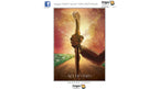 Dragon Tarot 'Ace of Staves' card featuring a hand holding a staff upright against a glowing sunset sky with a green landscape below.