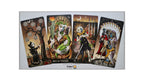 Four illustrated tarot-style cards fanned out on a light gray background, with the title 'Ace of Wands' visible on the center card. The artwork uses dark earthy tones with strong green, yellow, red, and black accents.