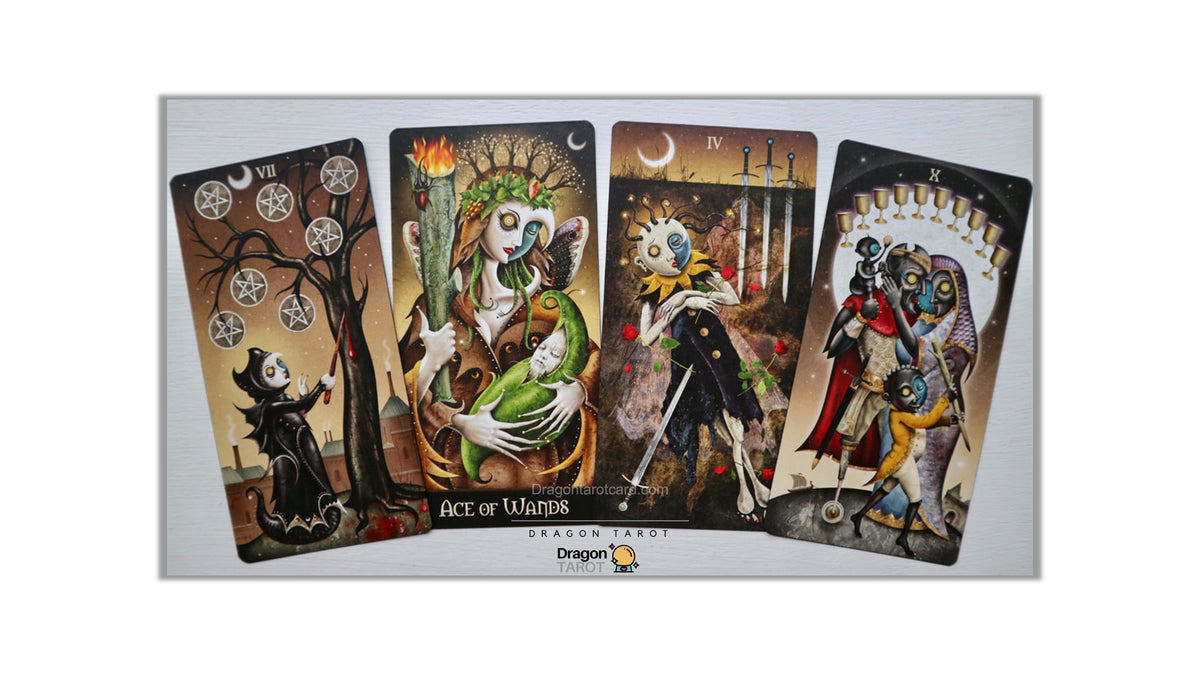 Four illustrated tarot-style cards fanned out on a light gray background, with the title 'Ace of Wands' visible on the center card. The artwork uses dark earthy tones with strong green, yellow, red, and black accents.