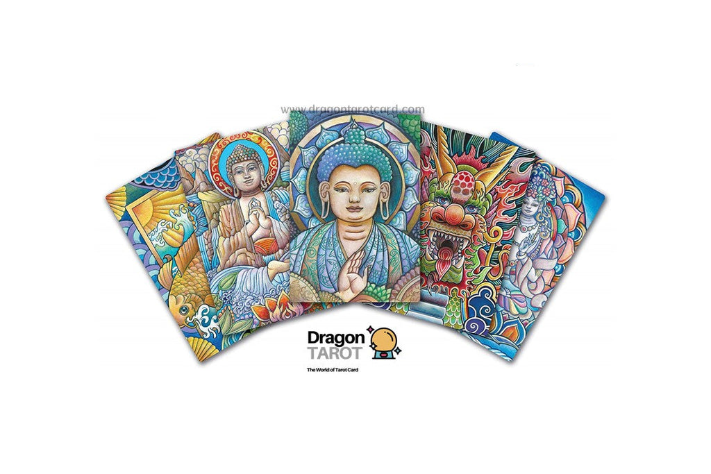 Three illustrated tarot card decks fanned out on a white background, with Dragon TAROT logos and a Facebook icon above them. The cards feature colorful religious and mythological artwork in blue, gold, red, green, and other hues.