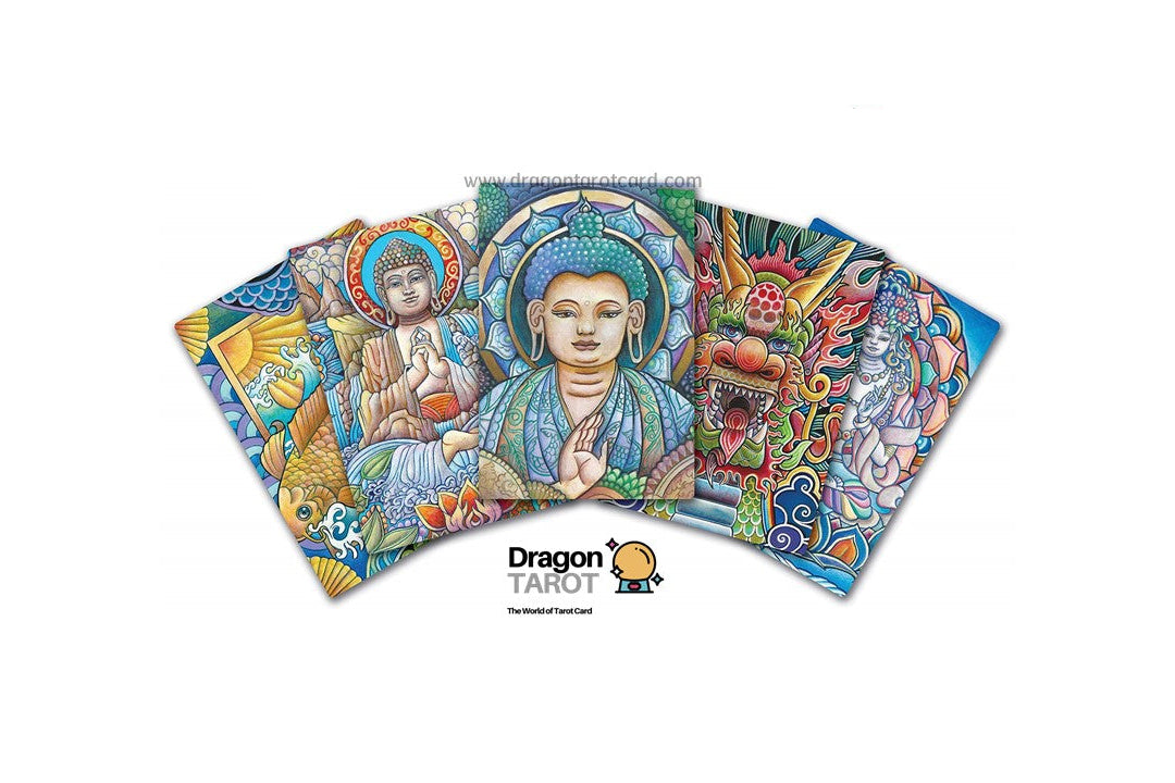 Three illustrated tarot card decks fanned out on a white background, with Dragon TAROT logos and a Facebook icon above them. The cards feature colorful religious and mythological artwork in blue, gold, red, green, and other hues.