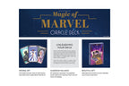 Promotional graphic for the Magic of Marvel Oracle Deck, featuring a large dark blue header with gold title text, three smaller product and informational panels below, and a white background around the layout.