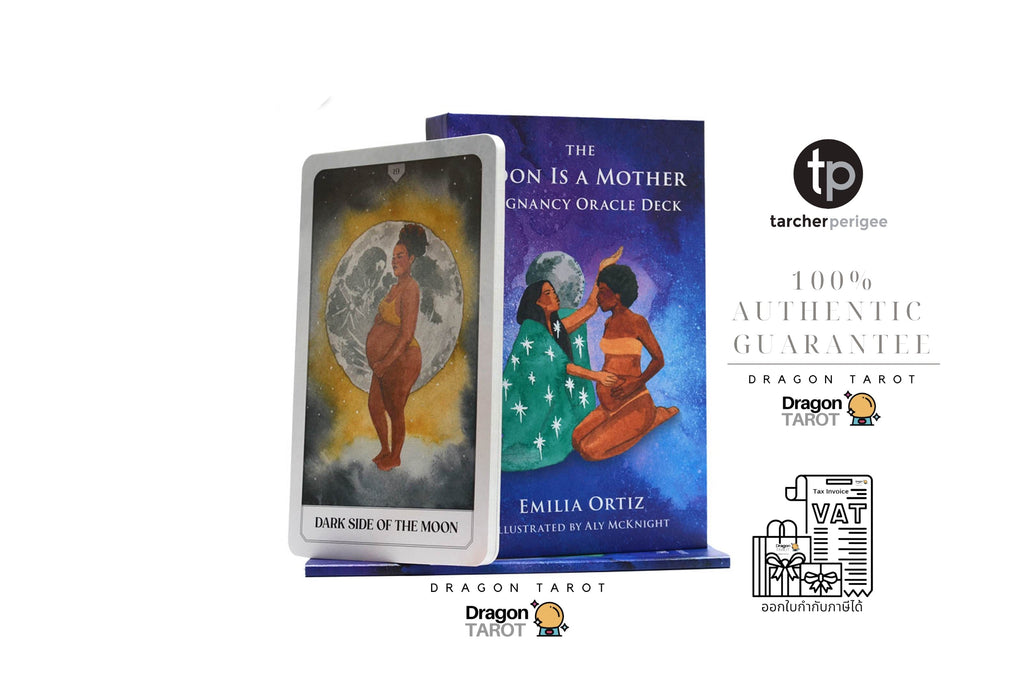 The Moon Is a Mother Pregnancy Oracle Deck by Emilia Ortiz, featuring a blue card deck box with an illustration of a pregnant woman and a dragon, alongside a 'Dark Side of the Moon' card. The image includes authenticity and VAT guarantees from Tarchar Organize and Dragon Tarot on a white background.