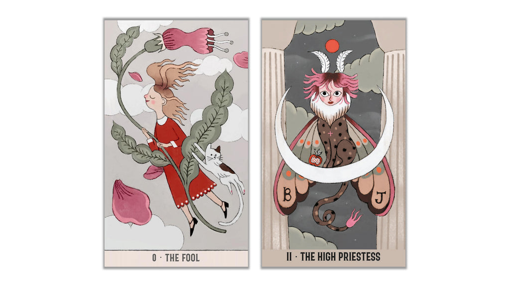 Two illustrated tarot card panels side by side: '0 - The Fool' on the left with a girl in a red dress among flowers and a cat, and 'II - The High Priestess' on the right with a horned figure, crescent moon, and butterfly motifs.
