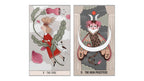 Two illustrated tarot card panels side by side: '0 - The Fool' on the left with a girl in a red dress among flowers and a cat, and 'II - The High Priestess' on the right with a horned figure, crescent moon, and butterfly motifs.