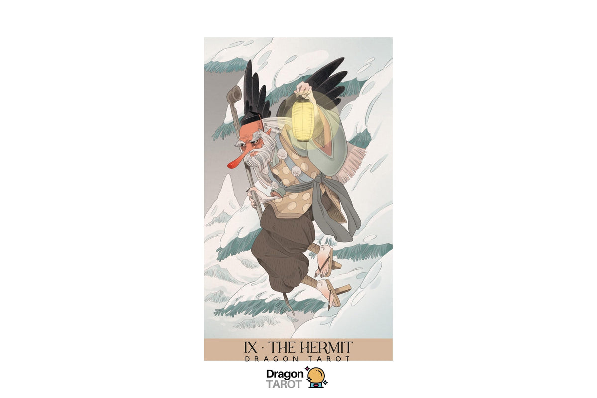 A vertical tarot card illustration for 'IX - THE HERMIT' from Dragon Tarot, featuring a stylized hermit figure with a staff and hat against a snowy mountain background, centered on a white canvas with the Dragon Tarot logo at the bottom.